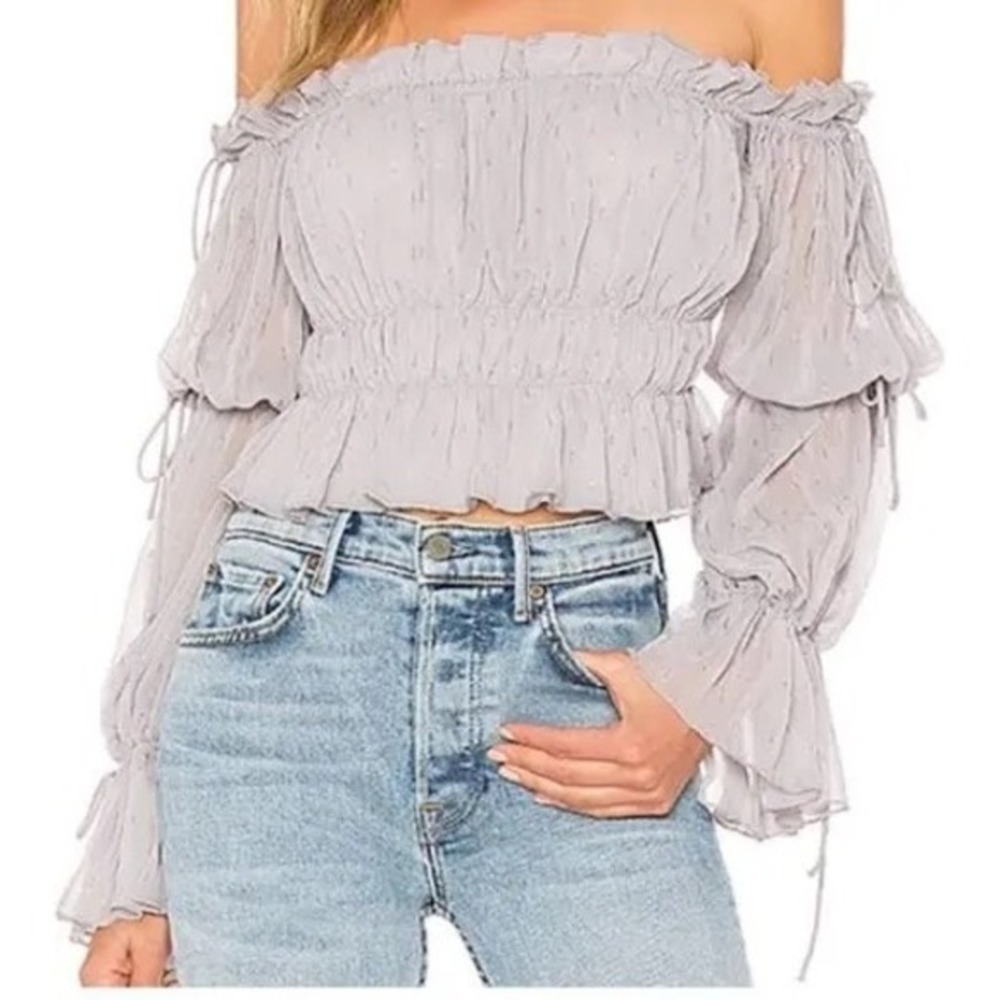 Chrissy Teigen x Revolve Lavender Grey Off Shoulder Smocked Crop Top Small NWT